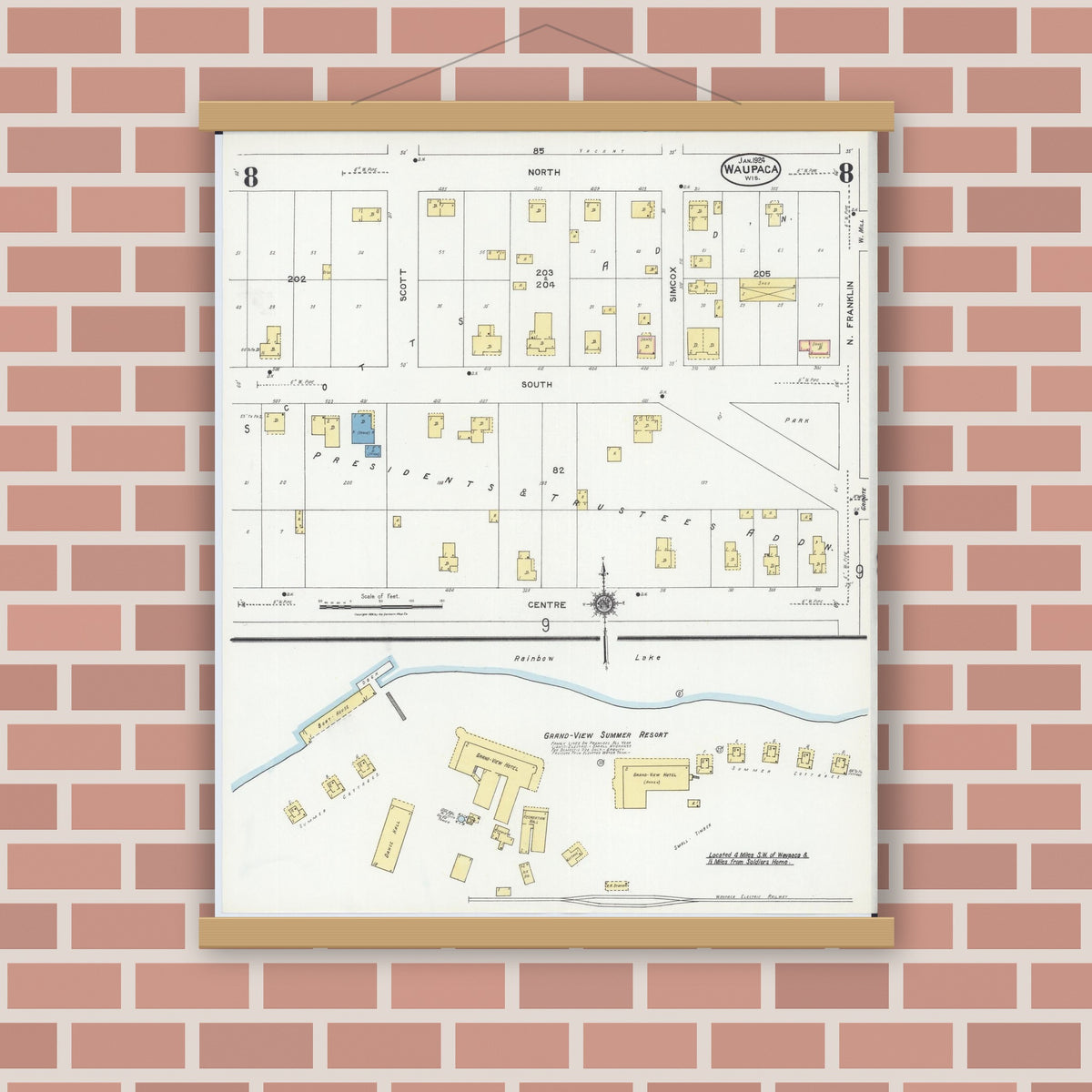 Old map wall art mockup — magnetic wood frame on brick wall — Sanborn Fire Insurance Map from Waupaca, Waupaca County, Wisconsin (1924), Sheet #0008