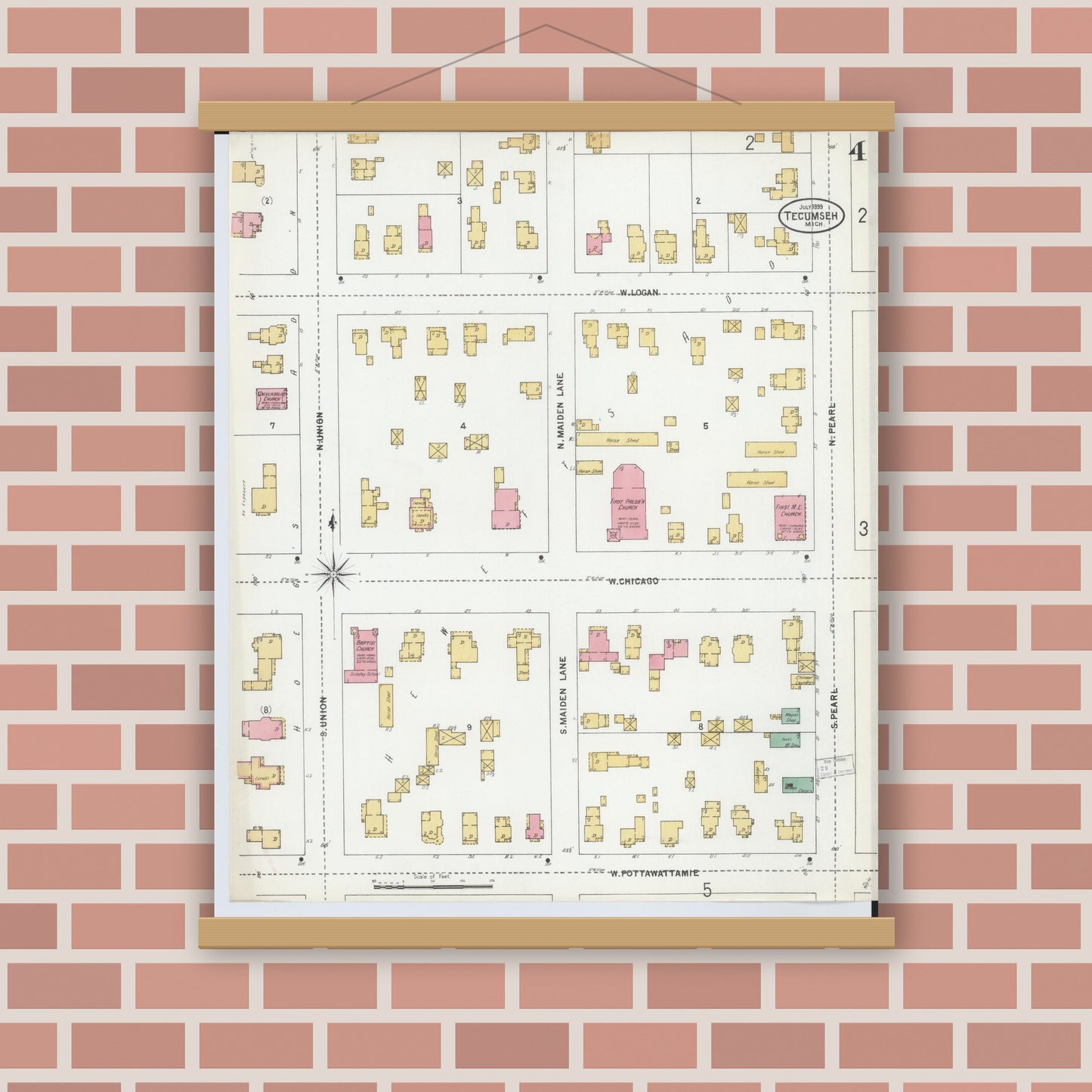 Old map wall art mockup — magnetic wood frame on brick wall — Sanborn Fire Insurance Map from Tecumseh, Lenawee County, Michigan (1899), Sheet #0004