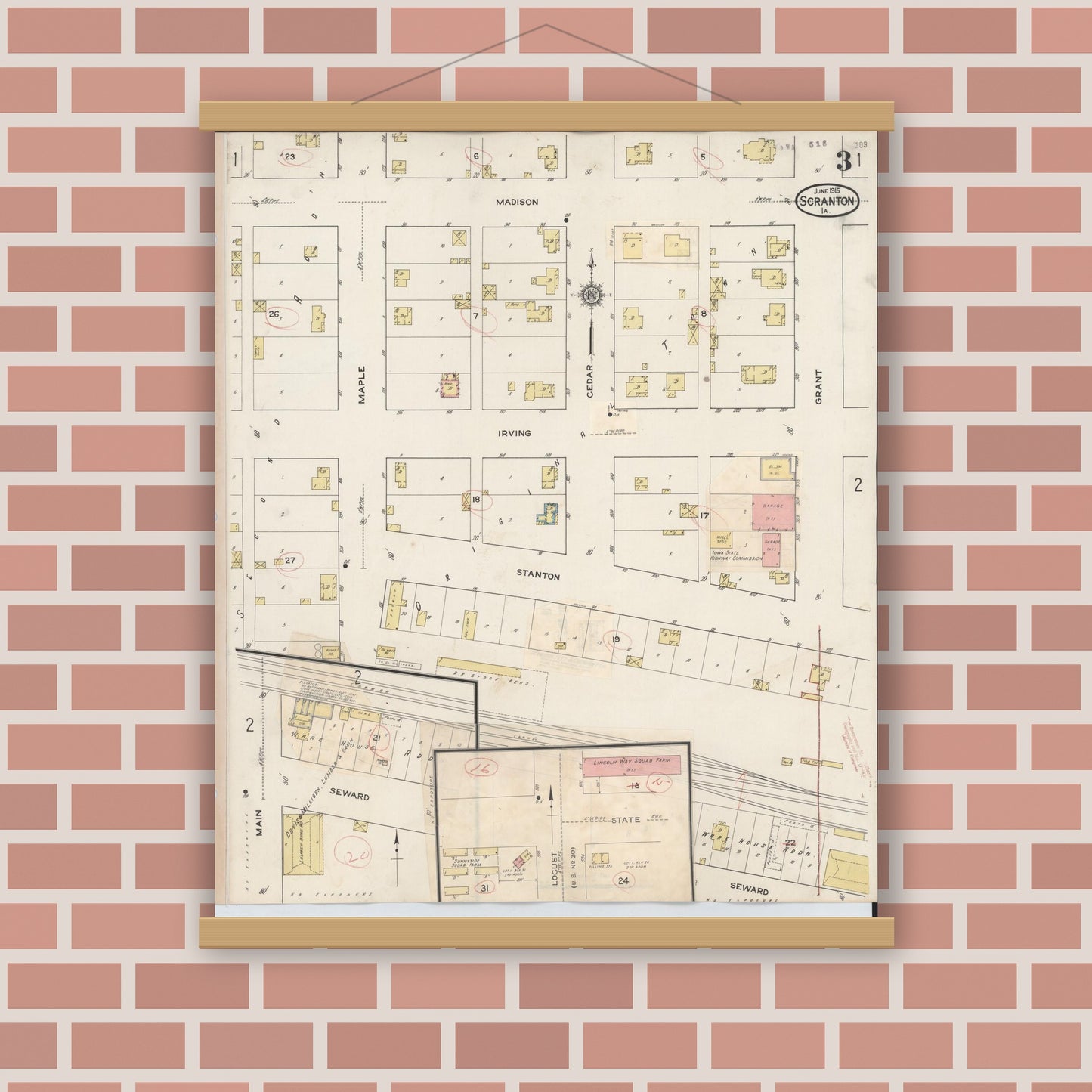 Old map wall art mockup — magnetic wood frame on brick wall — Sanborn Fire Insurance Map from Scranton, Greene County, Iowa (1932), Sheet #0003