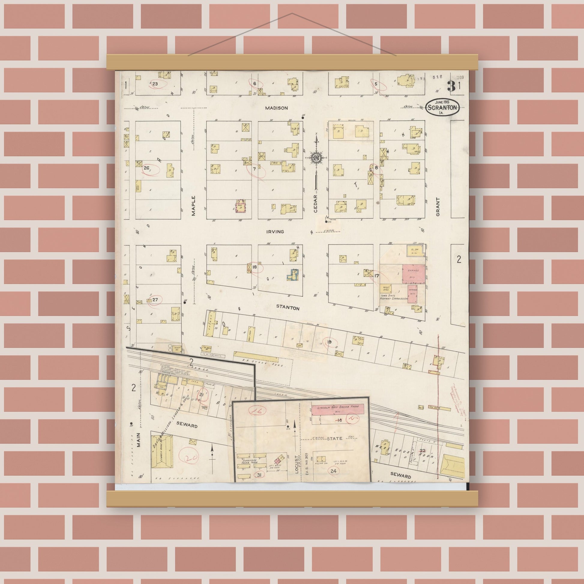 Old map wall art mockup — magnetic wood frame on brick wall — Sanborn Fire Insurance Map from Scranton, Greene County, Iowa (1932), Sheet #0003