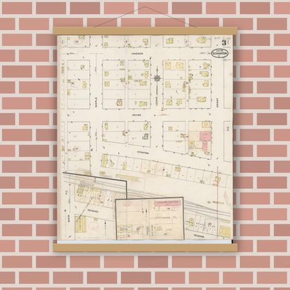 Old map wall art mockup — magnetic wood frame on brick wall — Sanborn Fire Insurance Map from Scranton, Greene County, Iowa (1932), Sheet #0003