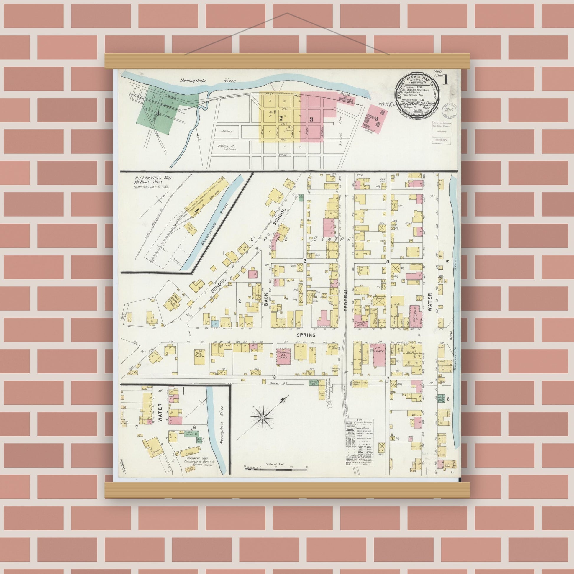 Old map wall art mockup — magnetic wood frame on brick wall — Sanborn Fire Insurance Map from California, Washington County, Pennsylvania (1896) - Complete Map Set