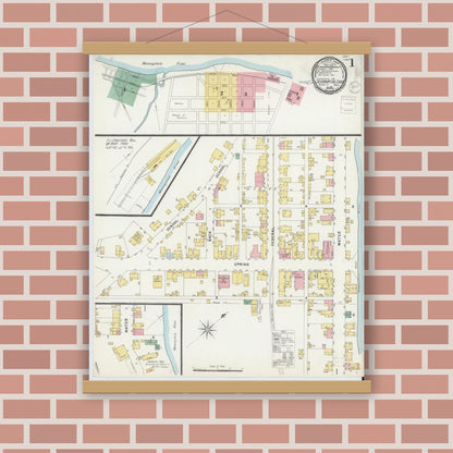 Old map wall art mockup — magnetic wood frame on brick wall — Sanborn Fire Insurance Map from California, Washington County, Pennsylvania (1896) - Complete Map Set
