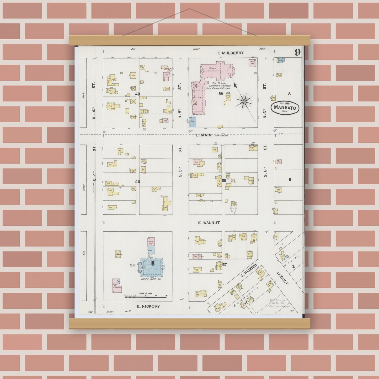 Old map wall art mockup — magnetic wood frame on brick wall — Sanborn Fire Insurance Map from Mankato, Blue Earth County, Minnesota (1889), Sheet #0009