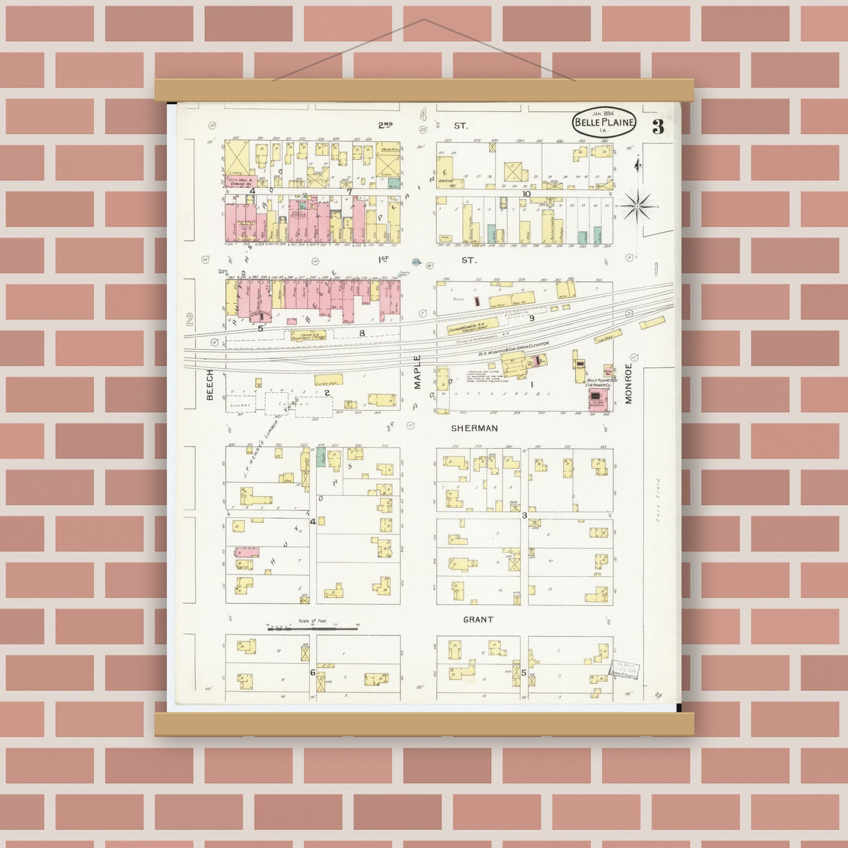 Old map wall art mockup — magnetic wood frame on brick wall — Sanborn Fire Insurance Map from Belle Plaine, Benton County, Iowa (1894), Sheet #0003