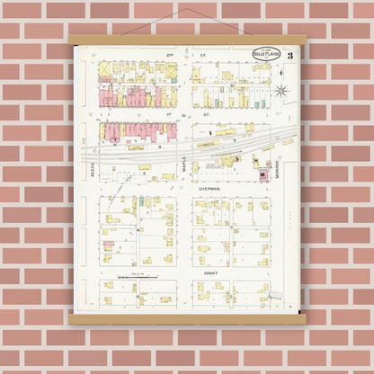 Old map wall art mockup — magnetic wood frame on brick wall — Sanborn Fire Insurance Map from Belle Plaine, Benton County, Iowa (1894), Sheet #0003