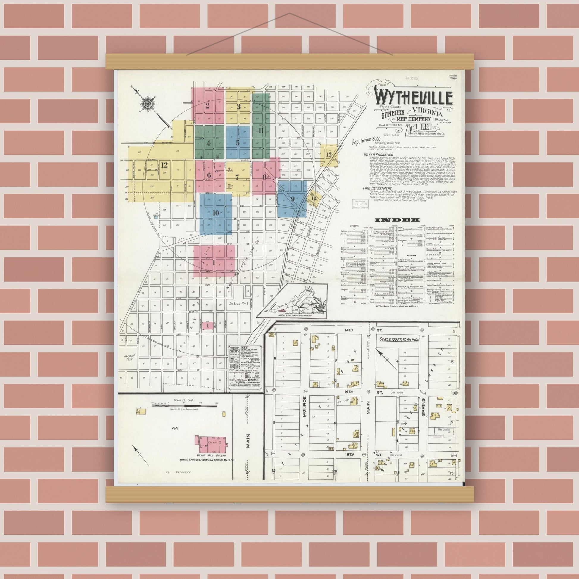 Old map wall art mockup — magnetic wood frame on brick wall — Sanborn Fire Insurance Map from Wytheville, Wythe County, Virginia (1921), Sheet #0001