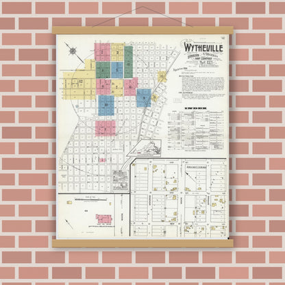 Old map wall art mockup — magnetic wood frame on brick wall — Sanborn Fire Insurance Map from Wytheville, Wythe County, Virginia (1921), Sheet #0001