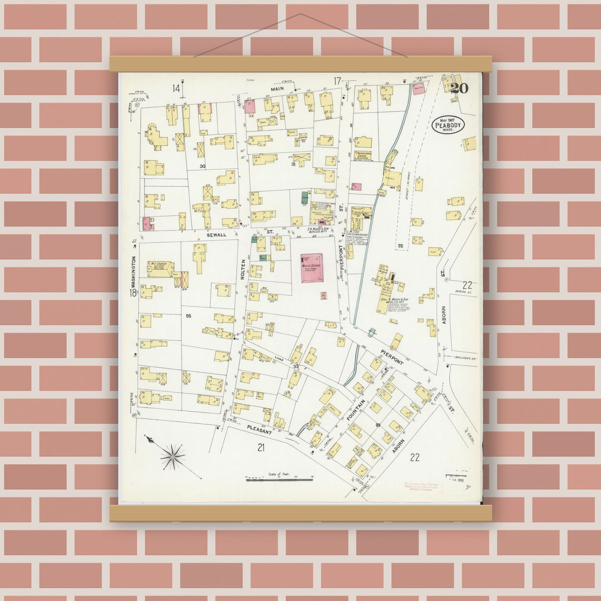 Old map wall art mockup — magnetic wood frame on brick wall — Sanborn Fire Insurance Map from Peabody, Essex County, Massachusetts (1907), Sheet #0020
