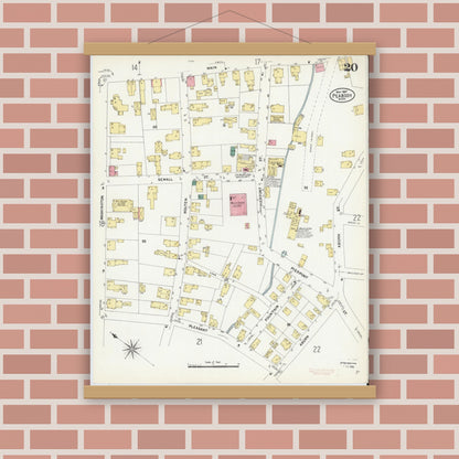 Old map wall art mockup — magnetic wood frame on brick wall — Sanborn Fire Insurance Map from Peabody, Essex County, Massachusetts (1907), Sheet #0020