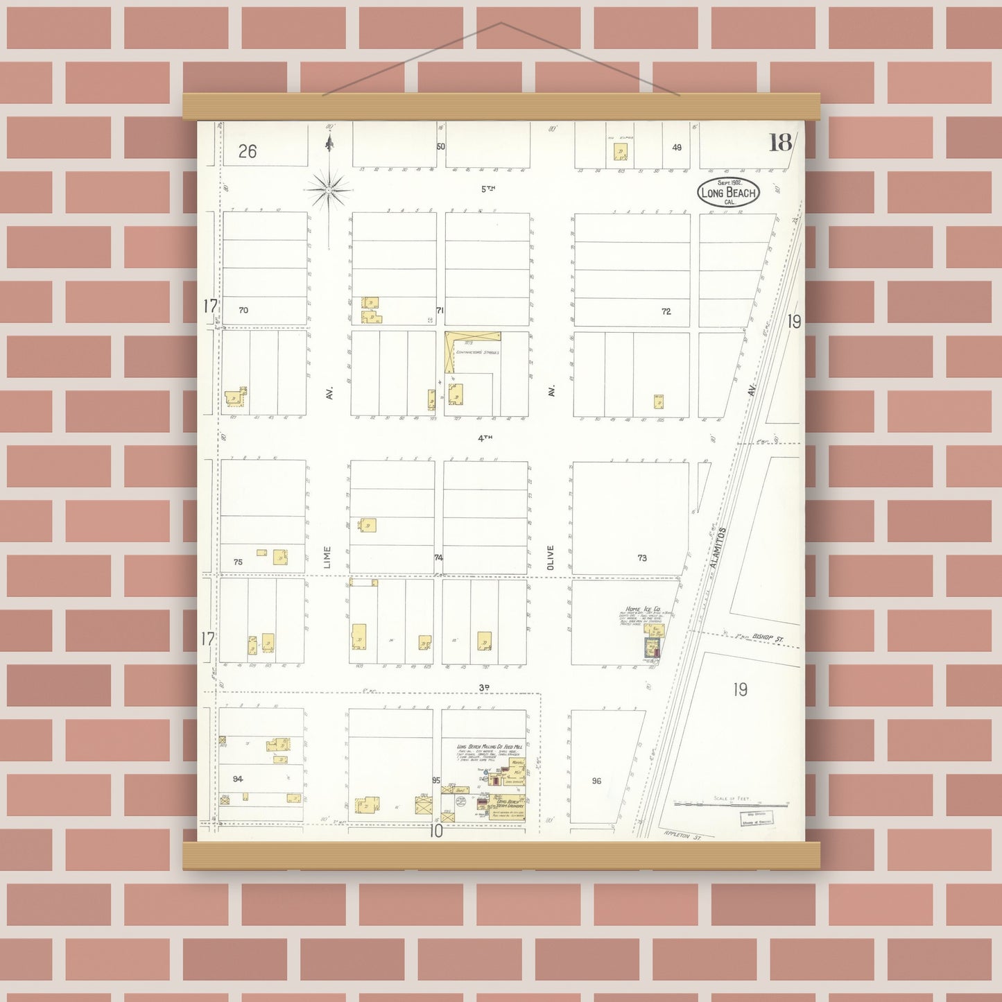 Old map wall art mockup — magnetic wood frame on brick wall — Sanborn Fire Insurance Map from Long Beach, Los Angeles County, California (1902), Sheet #0018