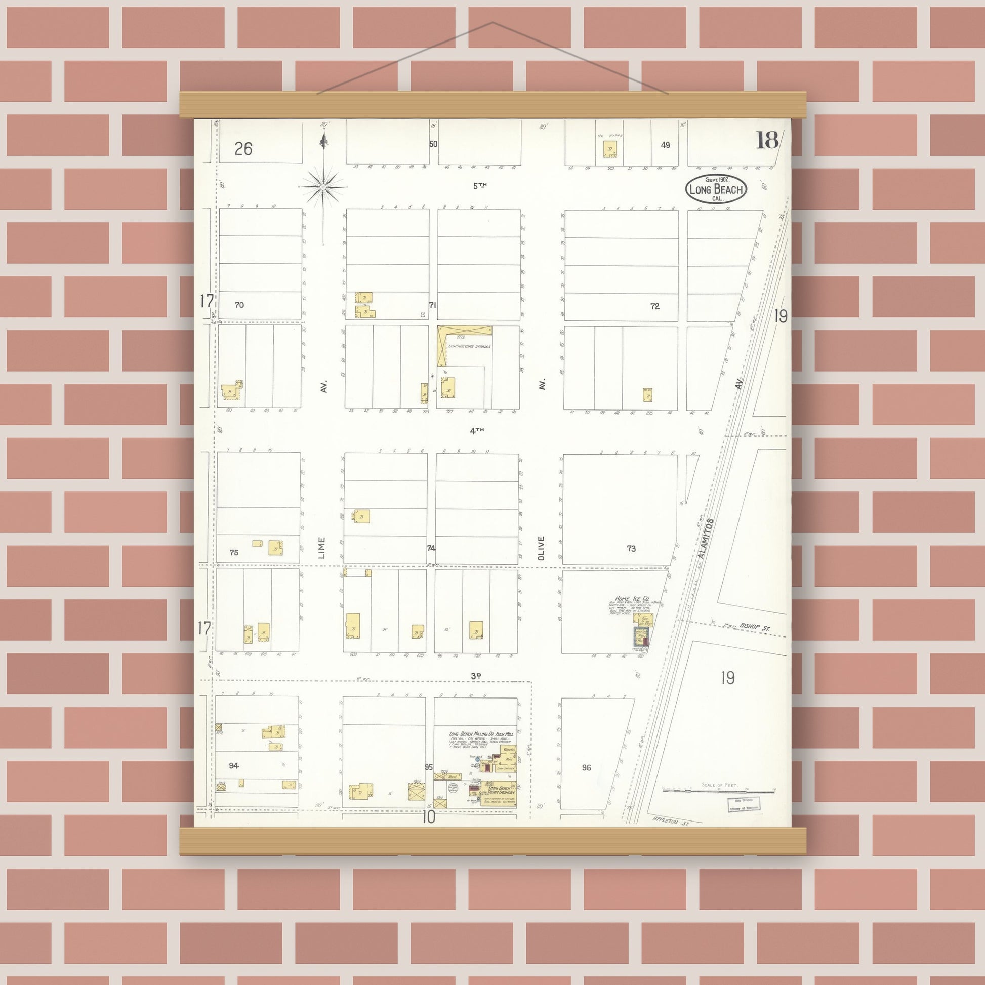 Old map wall art mockup — magnetic wood frame on brick wall — Sanborn Fire Insurance Map from Long Beach, Los Angeles County, California (1902), Sheet #0018