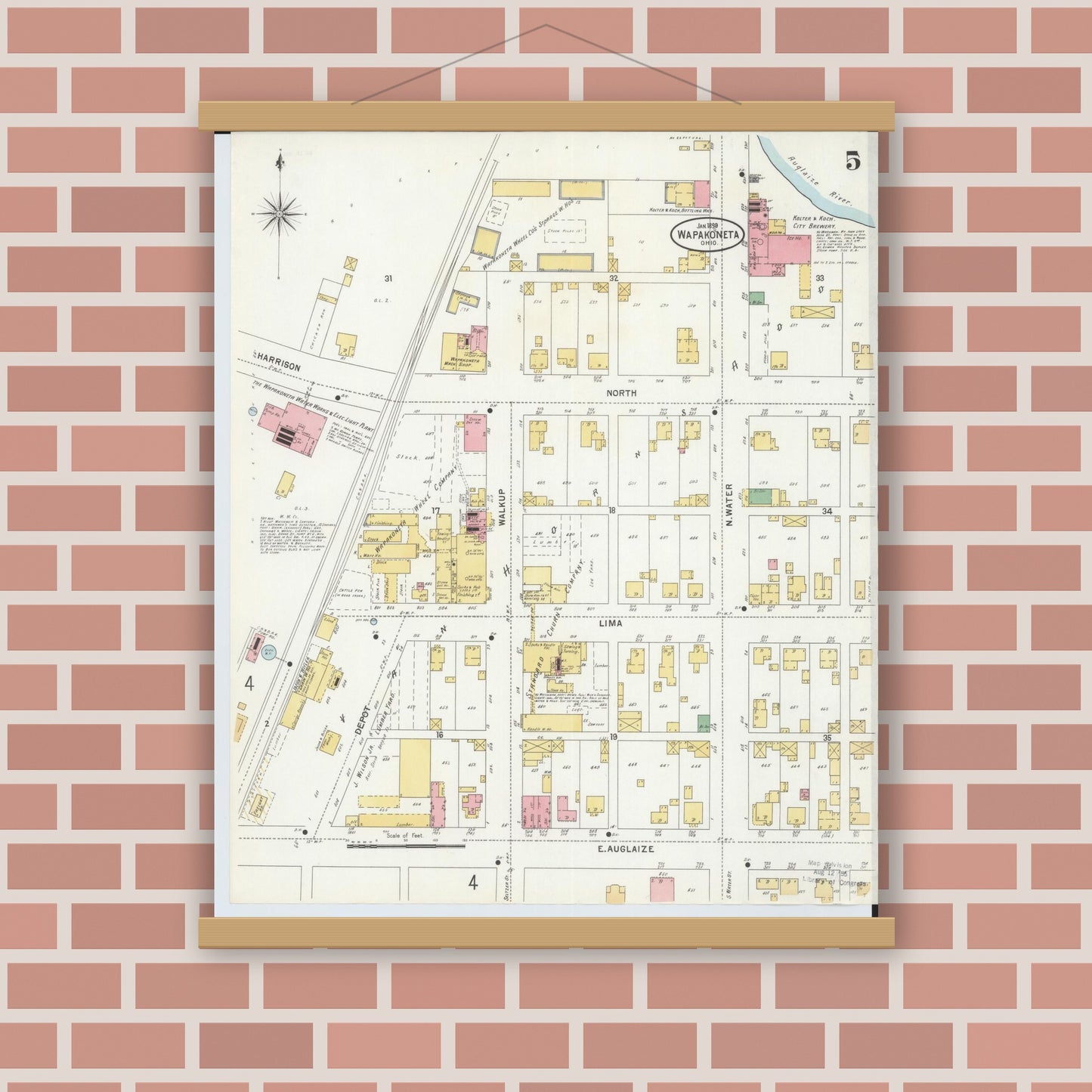 Old map wall art mockup — magnetic wood frame on brick wall — Sanborn Fire Insurance Map from Wapakoneta, Auglaize County, Ohio (1899), Sheet #0005