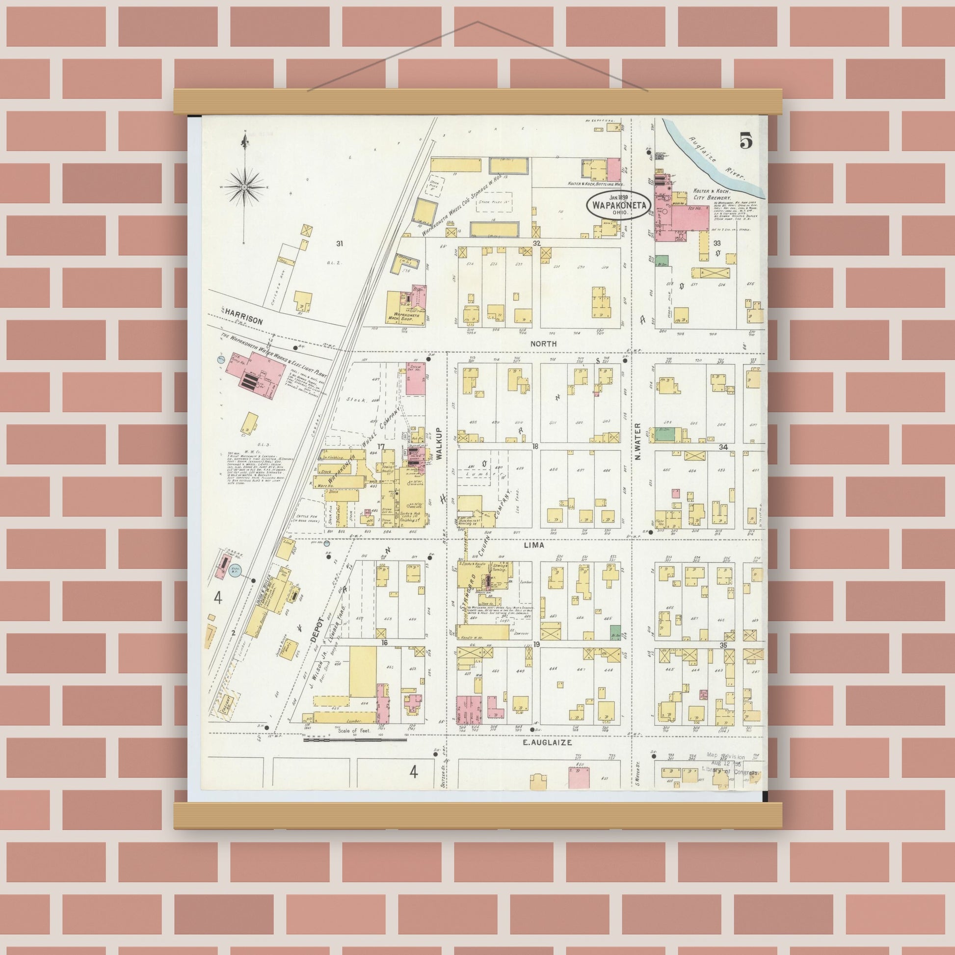Old map wall art mockup — magnetic wood frame on brick wall — Sanborn Fire Insurance Map from Wapakoneta, Auglaize County, Ohio (1899), Sheet #0005