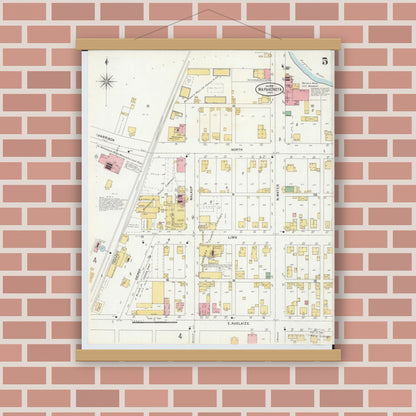 Old map wall art mockup — magnetic wood frame on brick wall — Sanborn Fire Insurance Map from Wapakoneta, Auglaize County, Ohio (1899), Sheet #0005