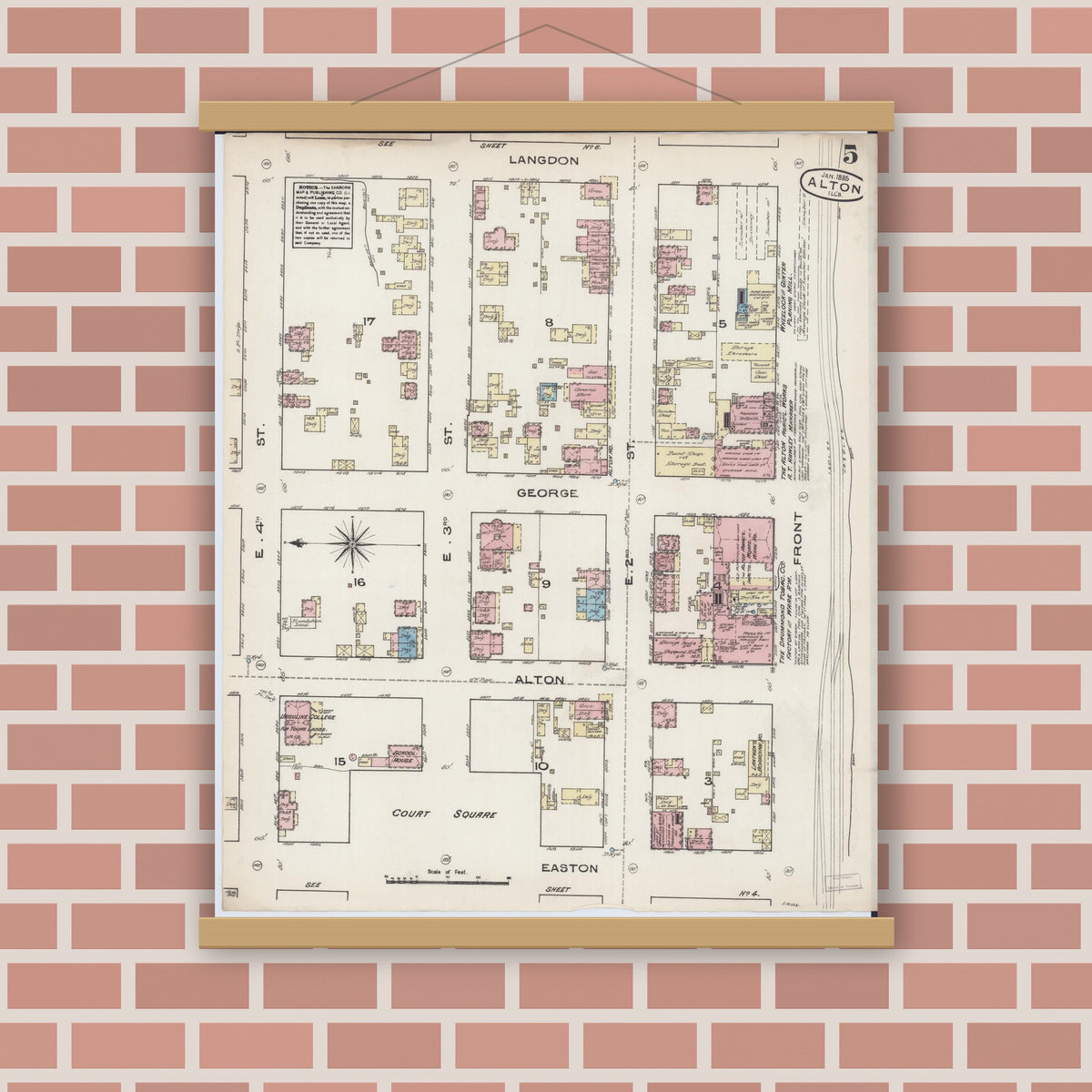 Old map wall art mockup — magnetic wood frame on brick wall — Sanborn Fire Insurance Map from Alton, Madison County, Illinois (1885), Sheet #0005