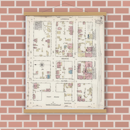 Old map wall art mockup — magnetic wood frame on brick wall — Sanborn Fire Insurance Map from Alton, Madison County, Illinois (1885), Sheet #0005