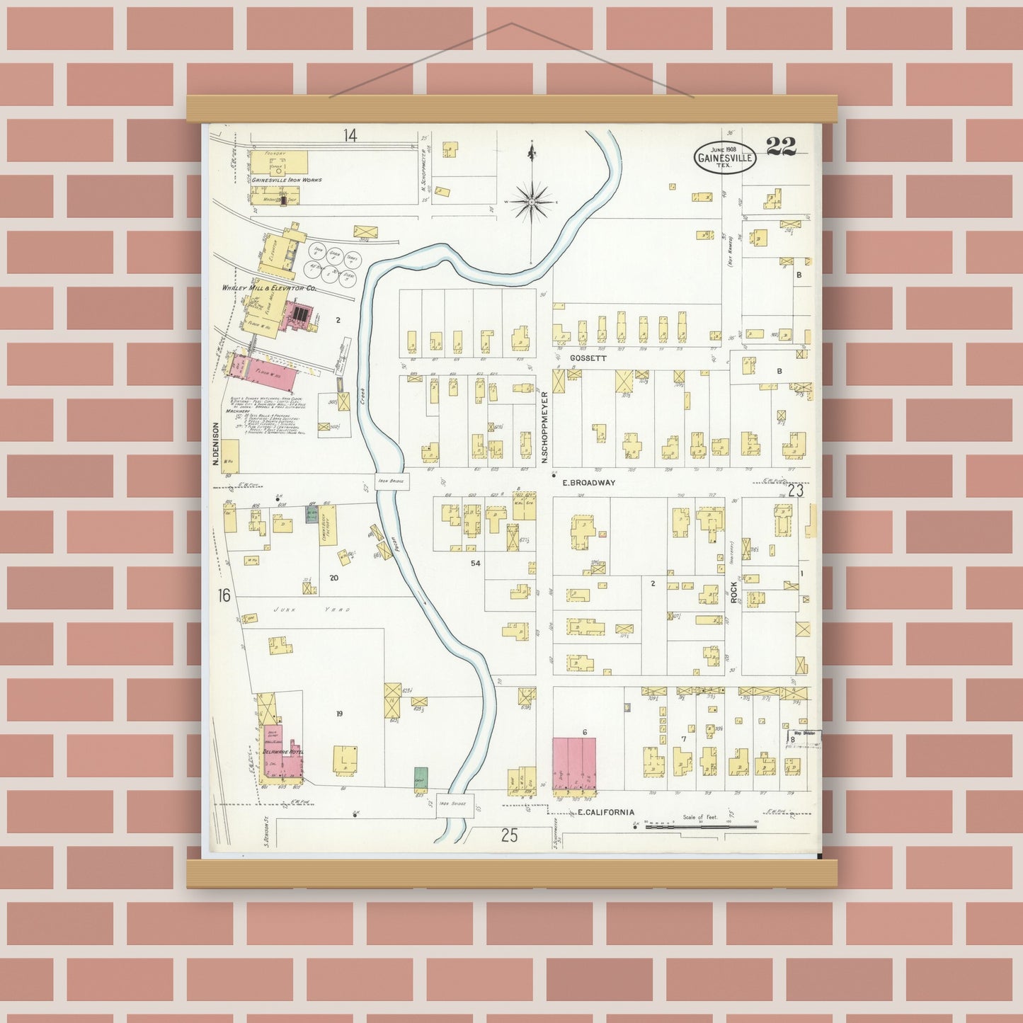 Old map wall art mockup — magnetic wood frame on brick wall — Sanborn Fire Insurance Map from Gainesville, Cooke County, Texas (1908), Sheet #0022