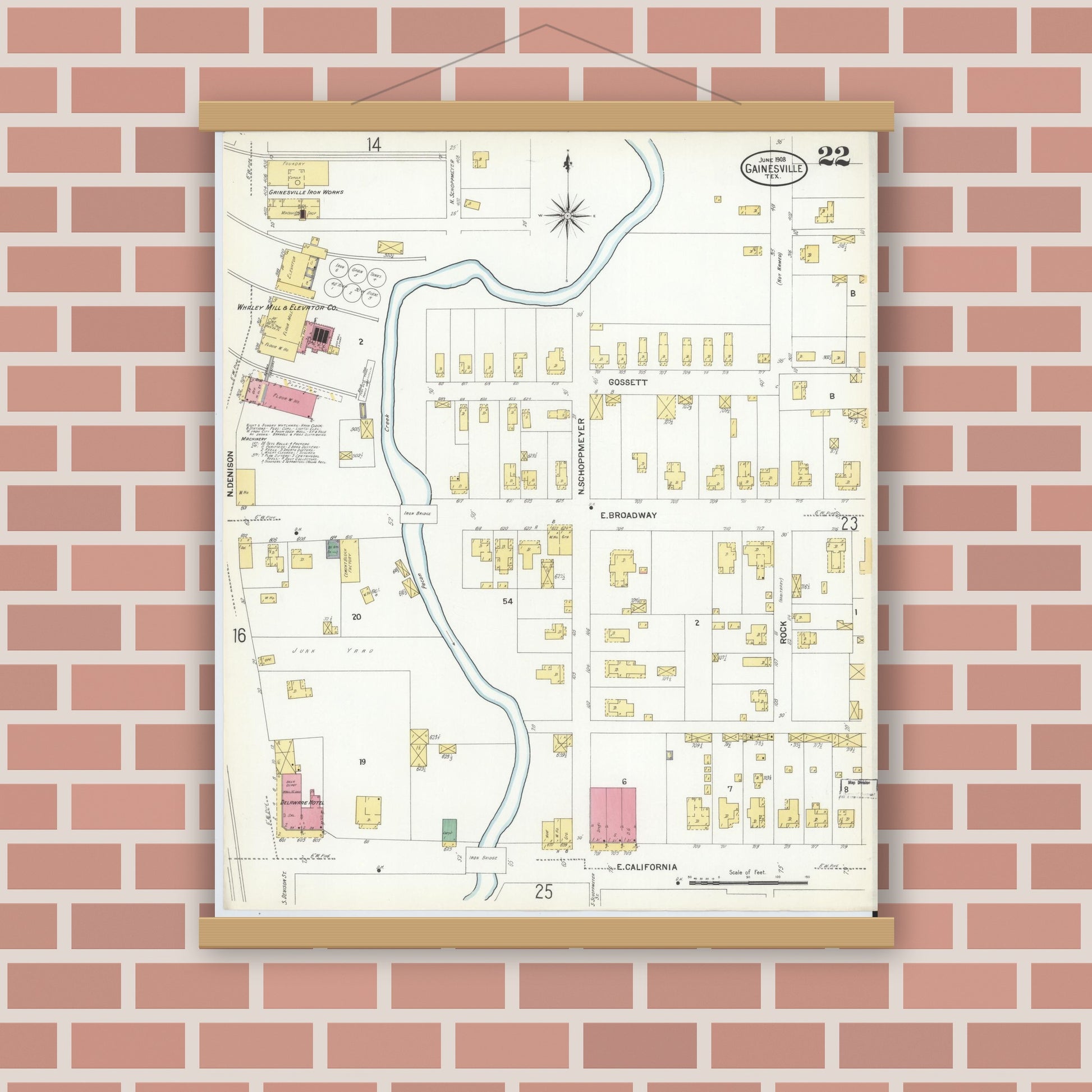 Old map wall art mockup — magnetic wood frame on brick wall — Sanborn Fire Insurance Map from Gainesville, Cooke County, Texas (1908), Sheet #0022