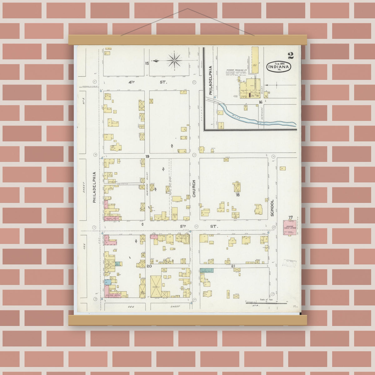 Old map wall art mockup — magnetic wood frame on brick wall — Sanborn Fire Insurance Map from Indiana, Indiana County, Pennsylvania (1892), Sheet #0002