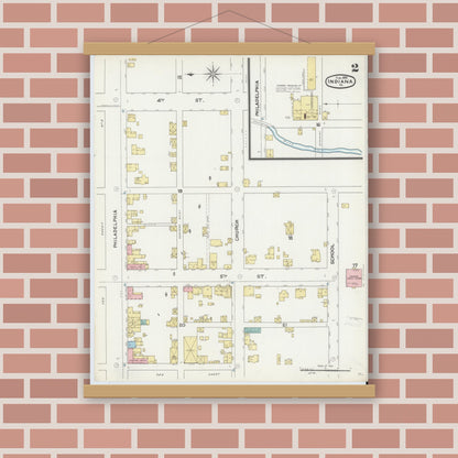 Old map wall art mockup — magnetic wood frame on brick wall — Sanborn Fire Insurance Map from Indiana, Indiana County, Pennsylvania (1892), Sheet #0002
