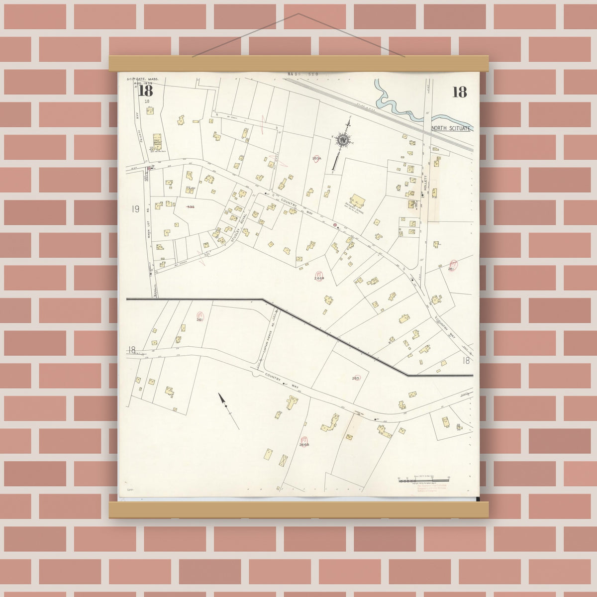 Old map wall art mockup — magnetic wood frame on brick wall — Sanborn Fire Insurance Map from Scituate, Plymouth County, Massachusetts (1944), Sheet #0018