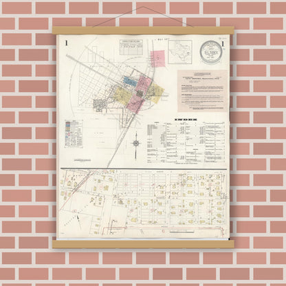 Old map wall art mockup — magnetic wood frame on brick wall — Sanborn Fire Insurance Map from Silsbee, Hardin County, Texas (1942), Sheet #0001