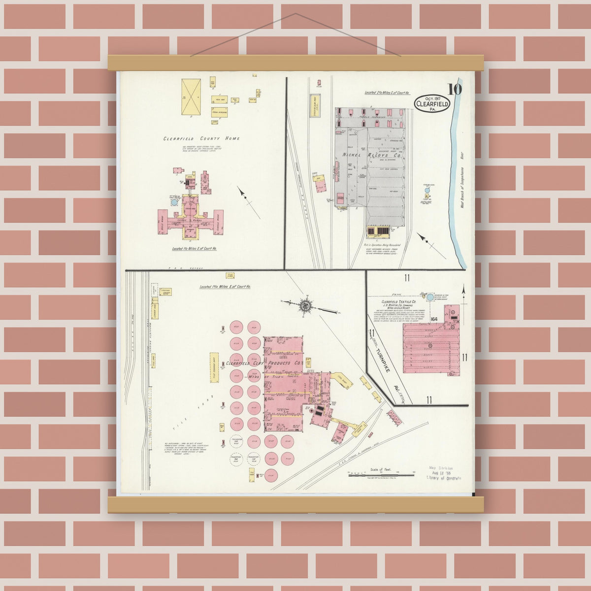 Old map wall art mockup — magnetic wood frame on brick wall — Sanborn Fire Insurance Map from Clearfield, Clearfield County, Pennsylvania (1917), Sheet #0010