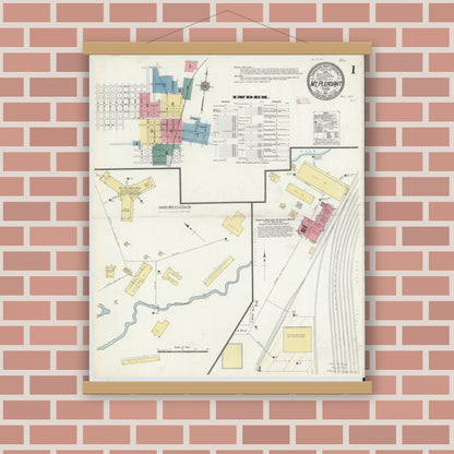 Old map wall art mockup — magnetic wood frame on brick wall — Sanborn Fire Insurance Map from Mount Pleasant, Titus County, Texas (1911), Sheet #0001