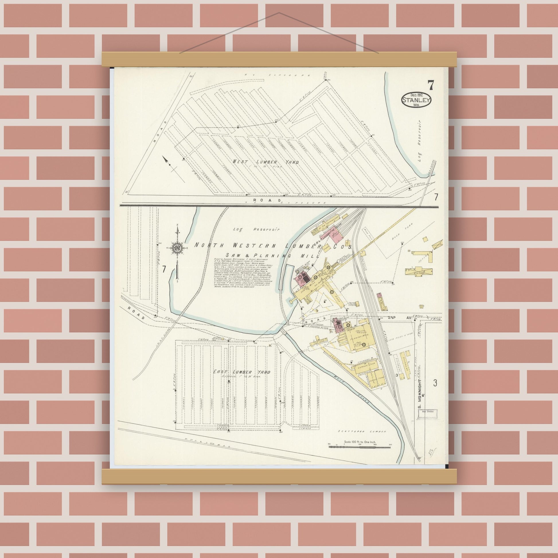 Old map wall art mockup — magnetic wood frame on brick wall — Sanborn Fire Insurance Map from Stanley, Chippewa County, Wisconsin (1912), Sheet #0007