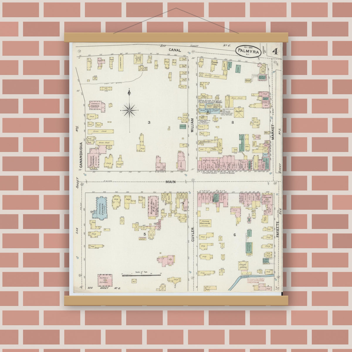 Old map wall art mockup — magnetic wood frame on brick wall — Sanborn Fire Insurance Map from Palmyra, Wayne County, New York (1889), Sheet #0004