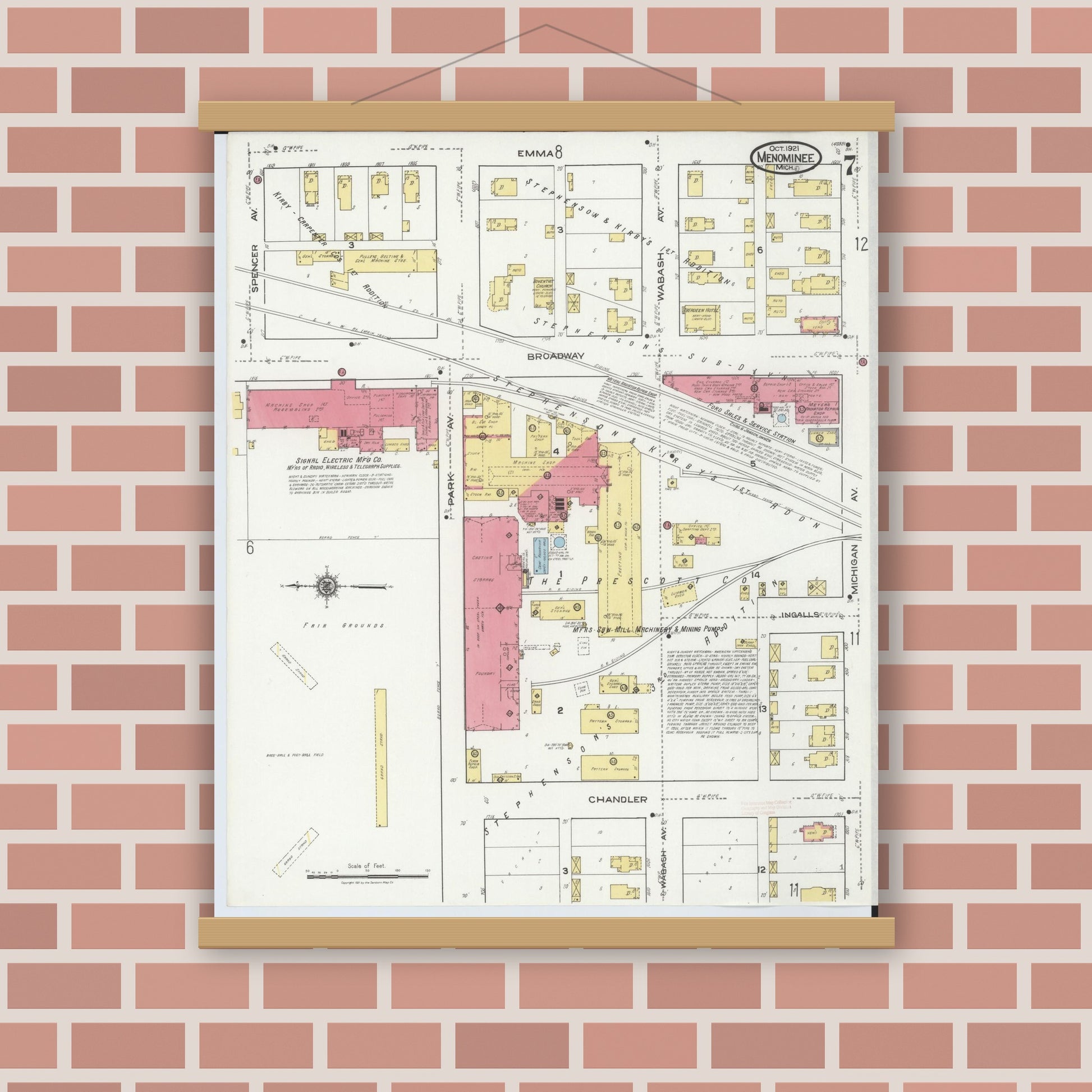 Old map wall art mockup — magnetic wood frame on brick wall — Sanborn Fire Insurance Map from Menominee, Menominee County, Michigan (1921), Sheet #0007