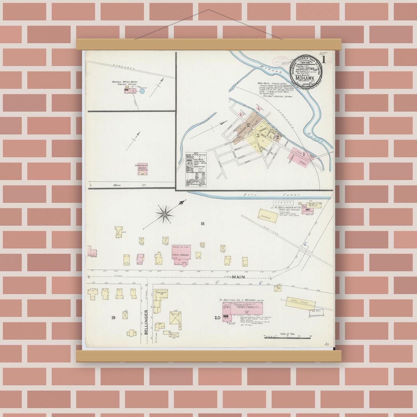Old map wall art mockup — magnetic wood frame on brick wall — Sanborn Fire Insurance Map from Mohawk, Herkimer County, New York (1891), Sheet #0001