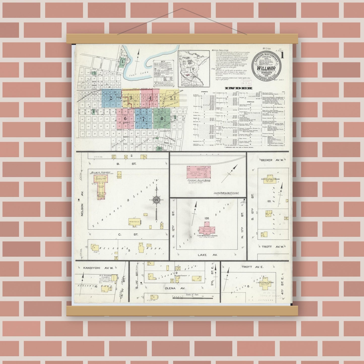 Old map wall art mockup — magnetic wood frame on brick wall — Sanborn Fire Insurance Map from Willmar, Kandiyohi County, Minnesota (1914) - Complete Map Set