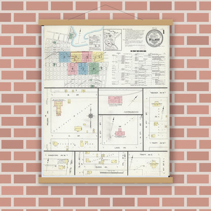 Old map wall art mockup — magnetic wood frame on brick wall — Sanborn Fire Insurance Map from Willmar, Kandiyohi County, Minnesota (1914) - Complete Map Set