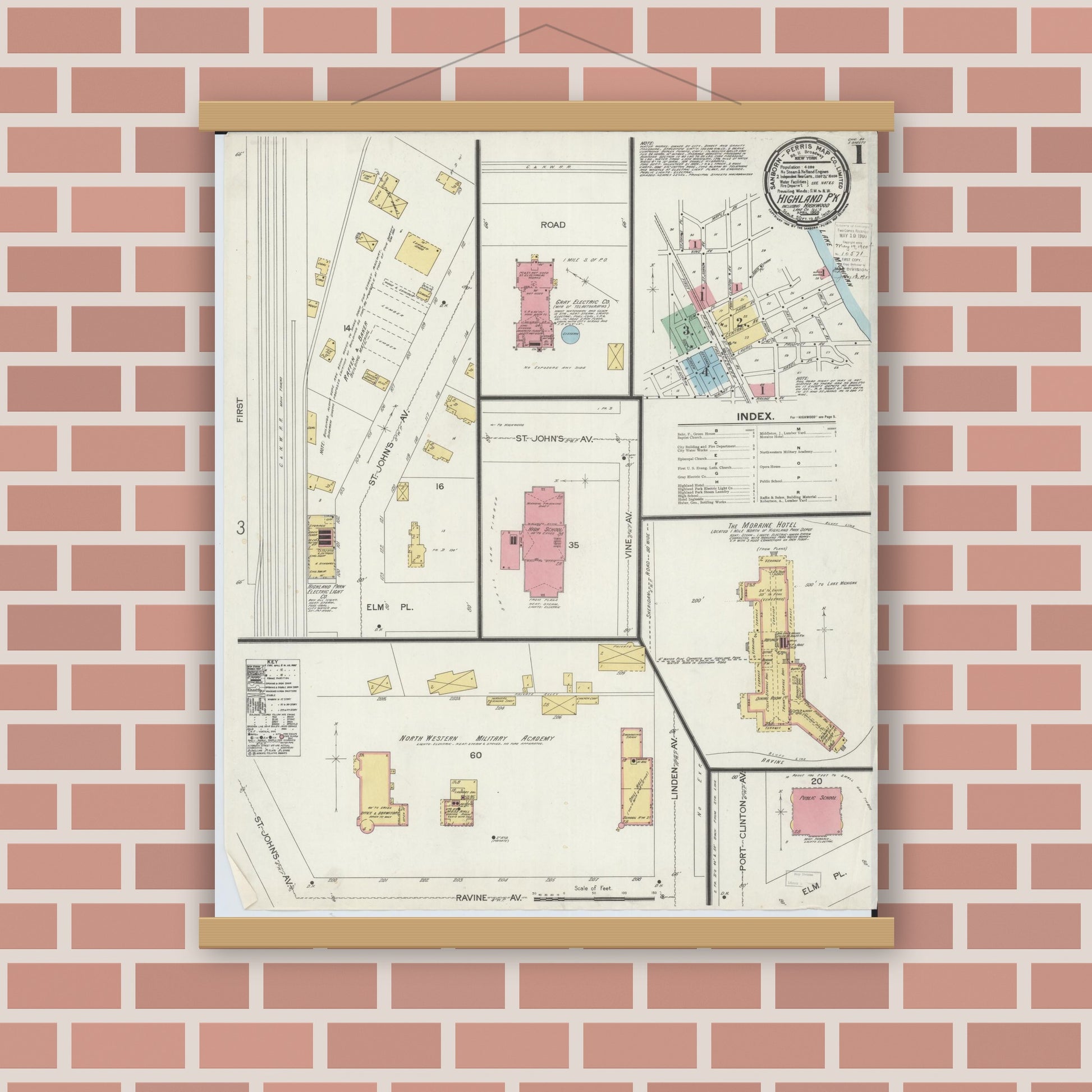 Old map wall art mockup — magnetic wood frame on brick wall — Sanborn Fire Insurance Map from Highland Park, Lake County, Illinois (1900), Sheet #0001