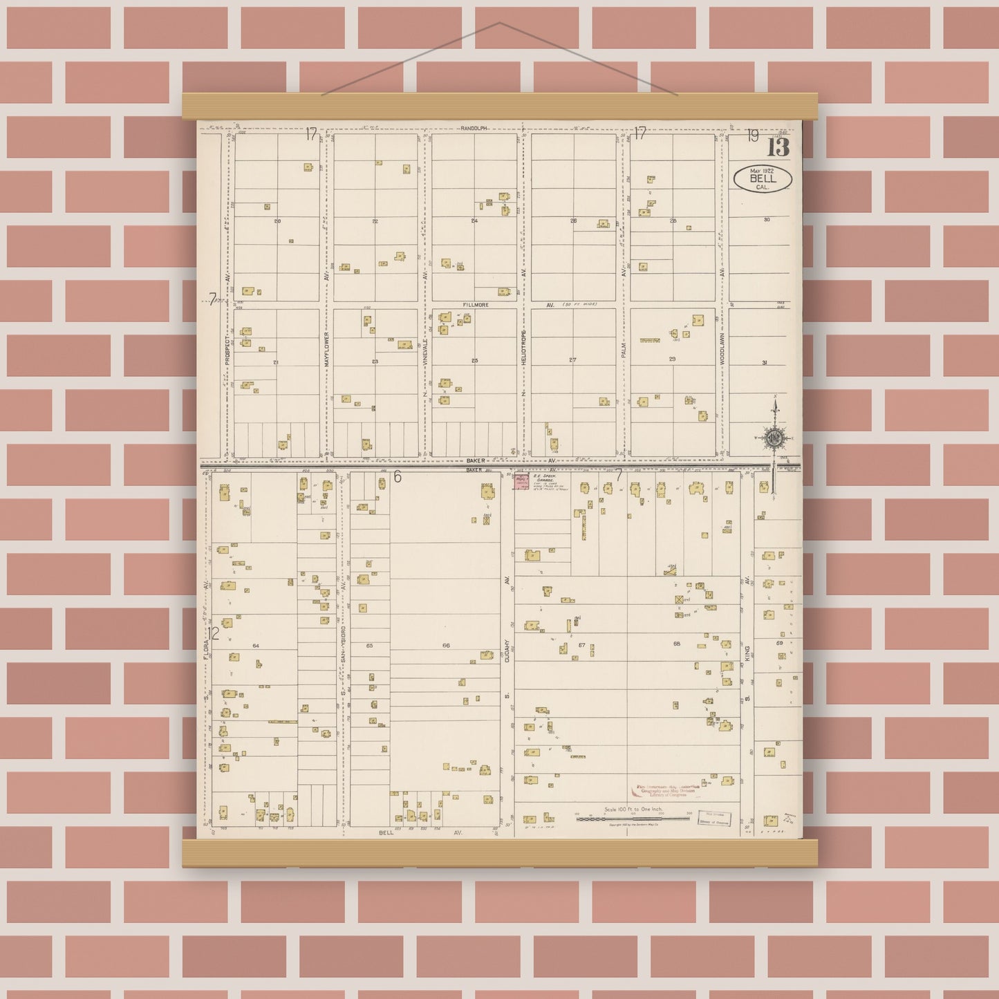 Old map wall art mockup — magnetic wood frame on brick wall — Sanborn Fire Insurance Map from Bell, Los Angeles County, California (1922), Sheet #0013