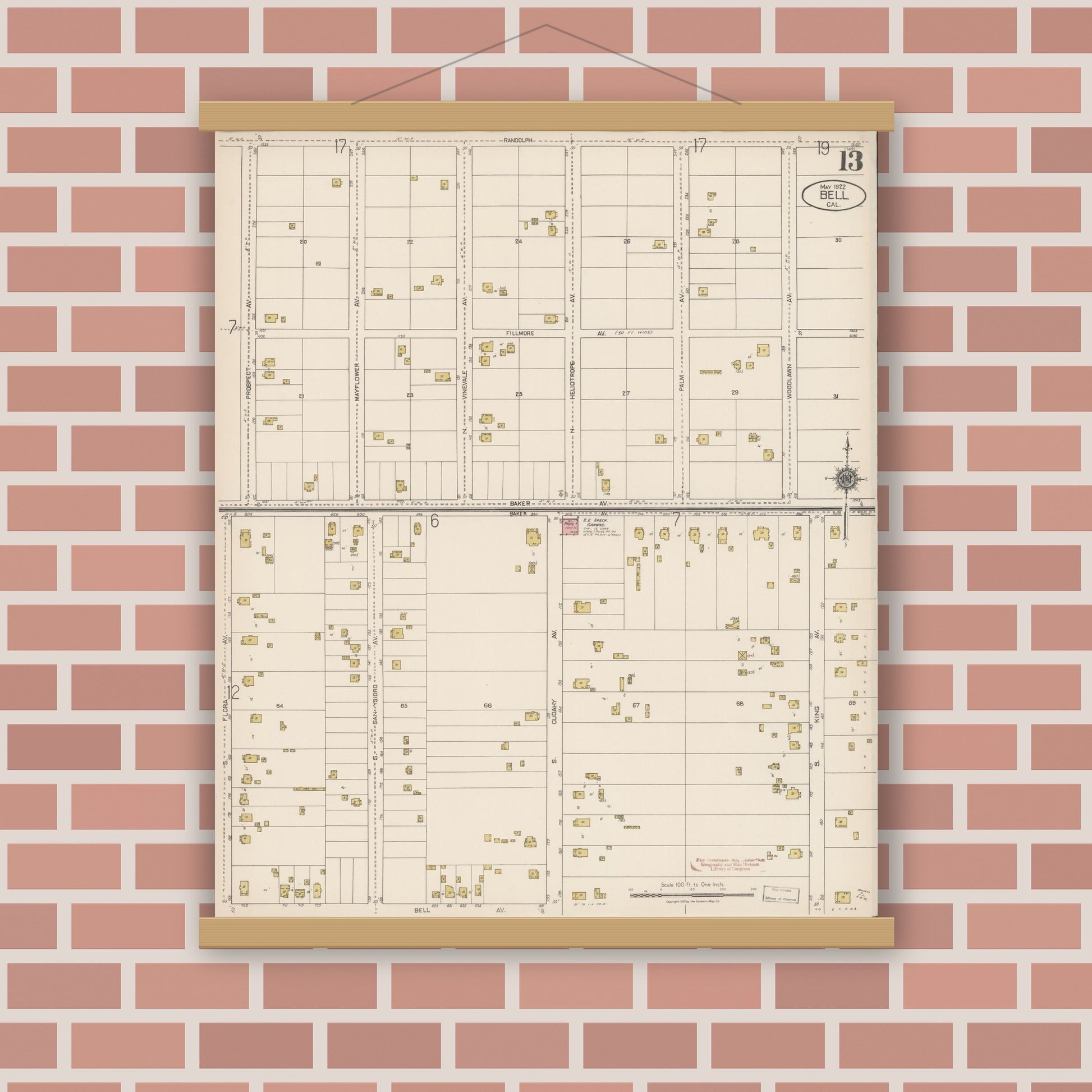Old map wall art mockup — magnetic wood frame on brick wall — Sanborn Fire Insurance Map from Bell, Los Angeles County, California (1922), Sheet #0013