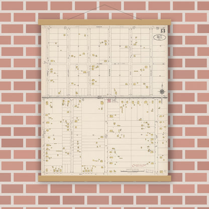 Old map wall art mockup — magnetic wood frame on brick wall — Sanborn Fire Insurance Map from Bell, Los Angeles County, California (1922), Sheet #0013