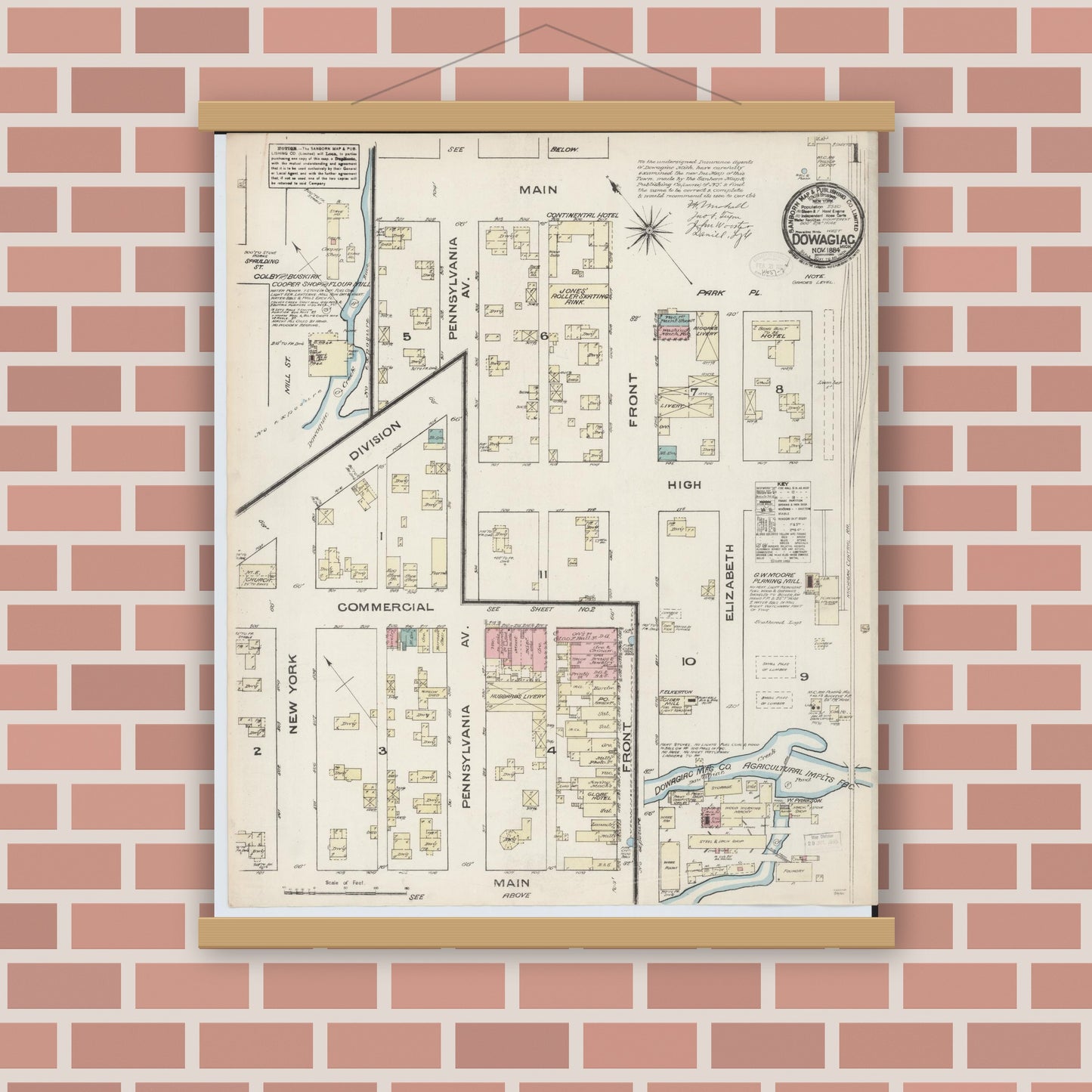 Old map wall art mockup — magnetic wood frame on brick wall — Sanborn Fire Insurance Map from Dowagiac, Cass County, Michigan (1884) - Complete Map Set