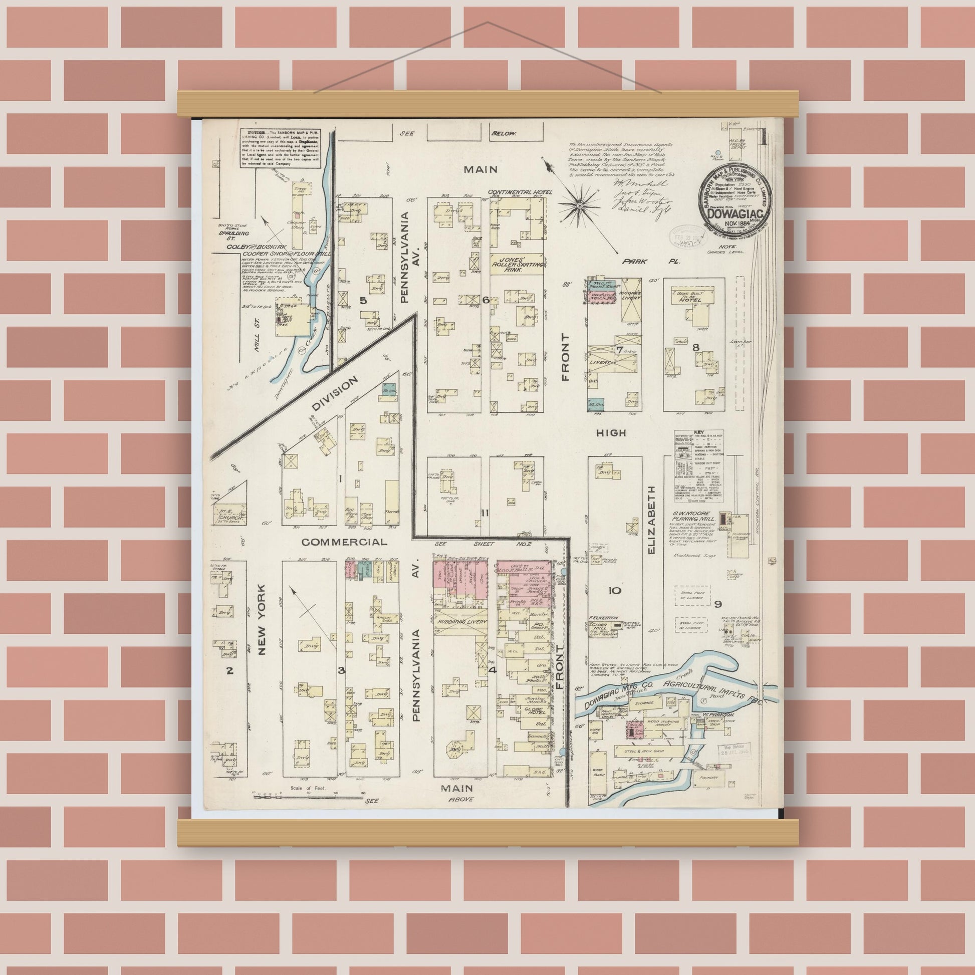 Old map wall art mockup — magnetic wood frame on brick wall — Sanborn Fire Insurance Map from Dowagiac, Cass County, Michigan (1884) - Complete Map Set