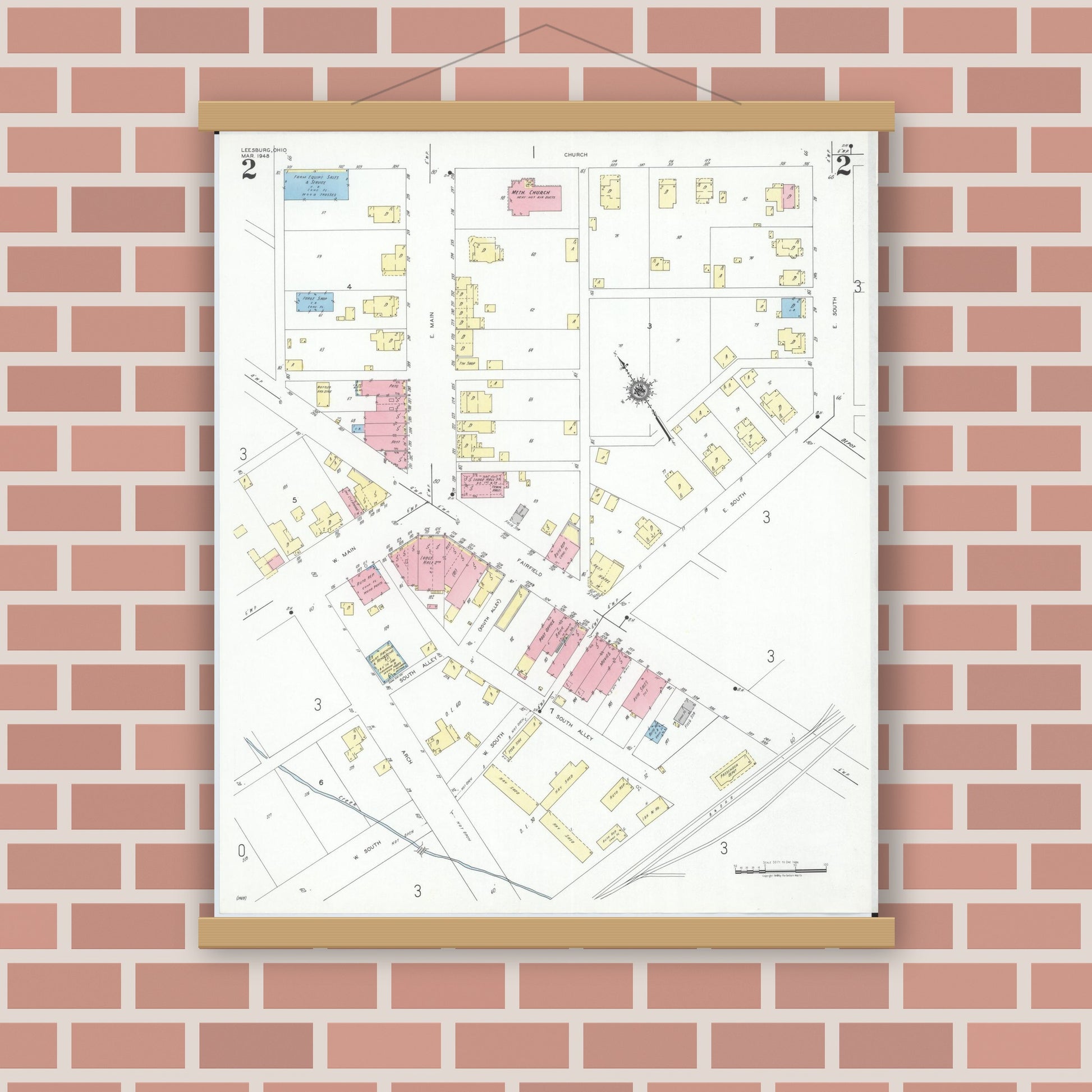Old map wall art mockup — magnetic wood frame on brick wall — Sanborn Fire Insurance Map from Leesburg, Highland County, Ohio (1948), Sheet #0002
