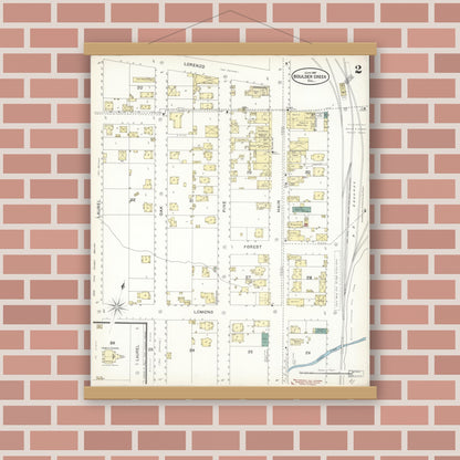 Old map wall art mockup — magnetic wood frame on brick wall — Sanborn Fire Insurance Map from Boulder Creek, Santa Cruz County, California (1897), Sheet #0002