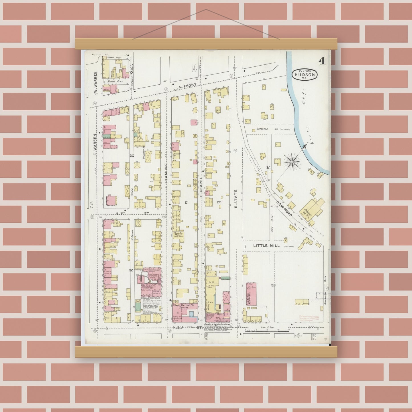 Old map wall art mockup — magnetic wood frame on brick wall — Sanborn Fire Insurance Map from Hudson, Columbia County, New York (1895), Sheet #0004