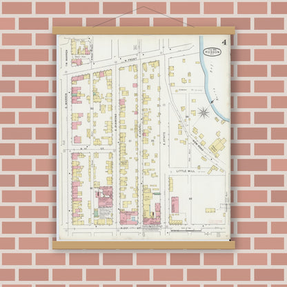 Old map wall art mockup — magnetic wood frame on brick wall — Sanborn Fire Insurance Map from Hudson, Columbia County, New York (1895), Sheet #0004