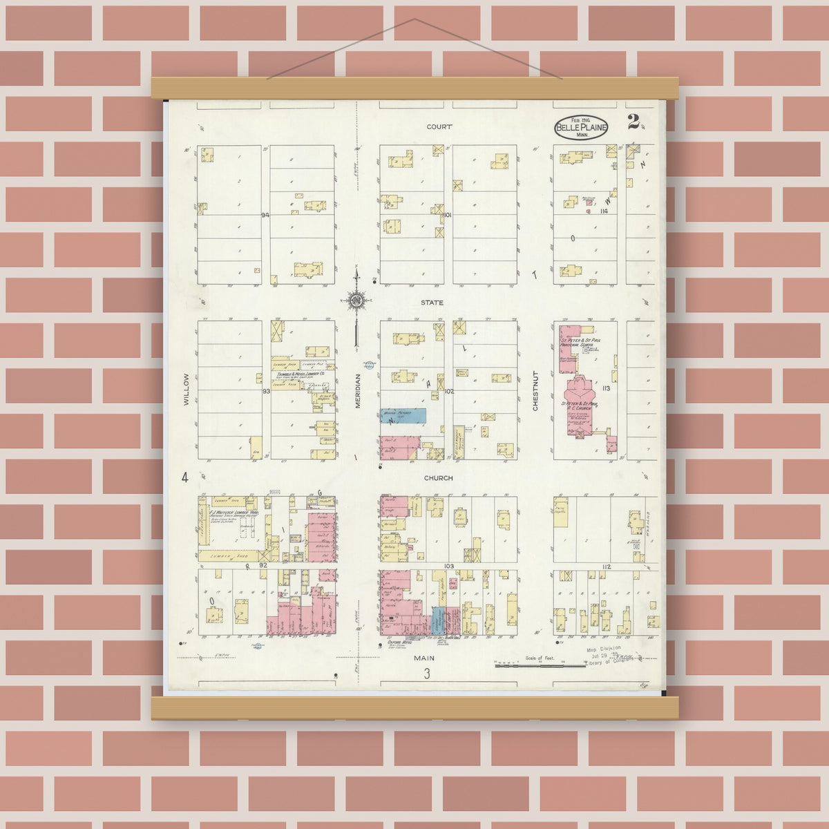 Old map wall art mockup — magnetic wood frame on brick wall — Sanborn Fire Insurance Map from Belle Plaine, Scott County, Minnesota (1914), Sheet #0002