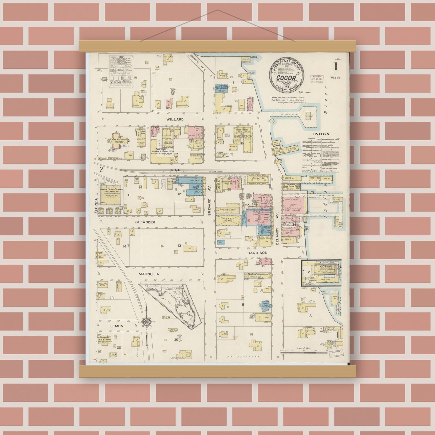 Old map wall art mockup — magnetic wood frame on brick wall — Sanborn Fire Insurance Map from Cocoa, Brevard County, Florida (1915), Sheet #0001