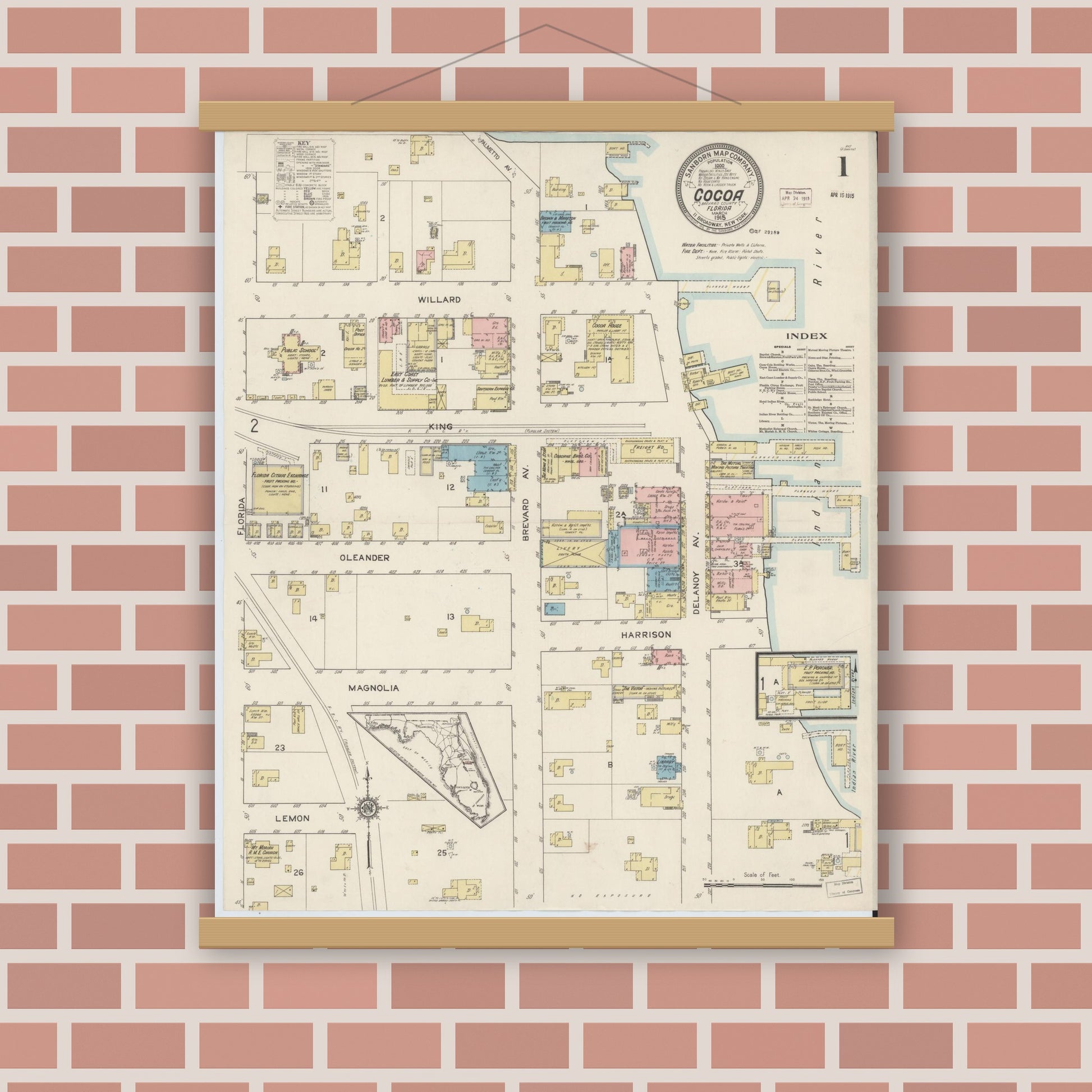 Old map wall art mockup — magnetic wood frame on brick wall — Sanborn Fire Insurance Map from Cocoa, Brevard County, Florida (1915), Sheet #0001