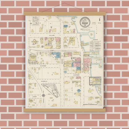 Old map wall art mockup — magnetic wood frame on brick wall — Sanborn Fire Insurance Map from Cocoa, Brevard County, Florida (1915), Sheet #0001