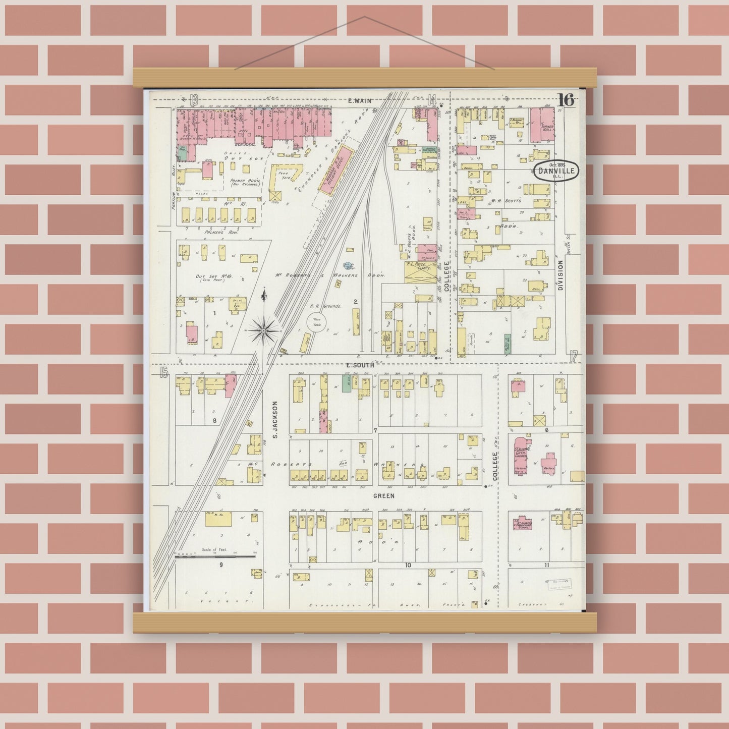 Old map wall art mockup — magnetic wood frame on brick wall — Sanborn Fire Insurance Map from Danville, Vermilion County, Illinois (1895), Sheet #0016